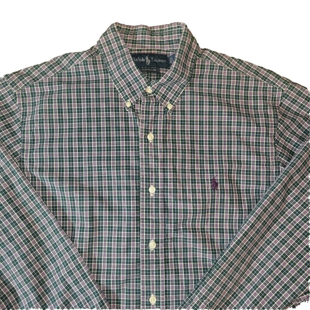 Ralph Lauren Shirt Mens L Custom Fit Plaid Blue Purple LS Button Up Purple Pony